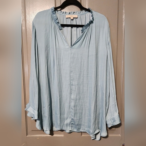 LOFT Light Blue Blouse with Ruffle Neckline, EUC, Size XXL - Picture 4 of 7